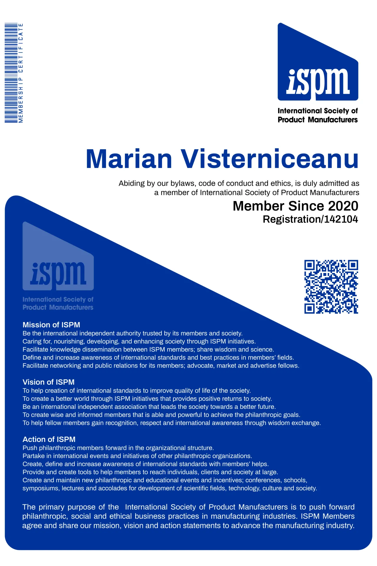 International Society of Product Manufacturers (ISPM) membership certificate, Marian Visterniceanu (Marian Vist)