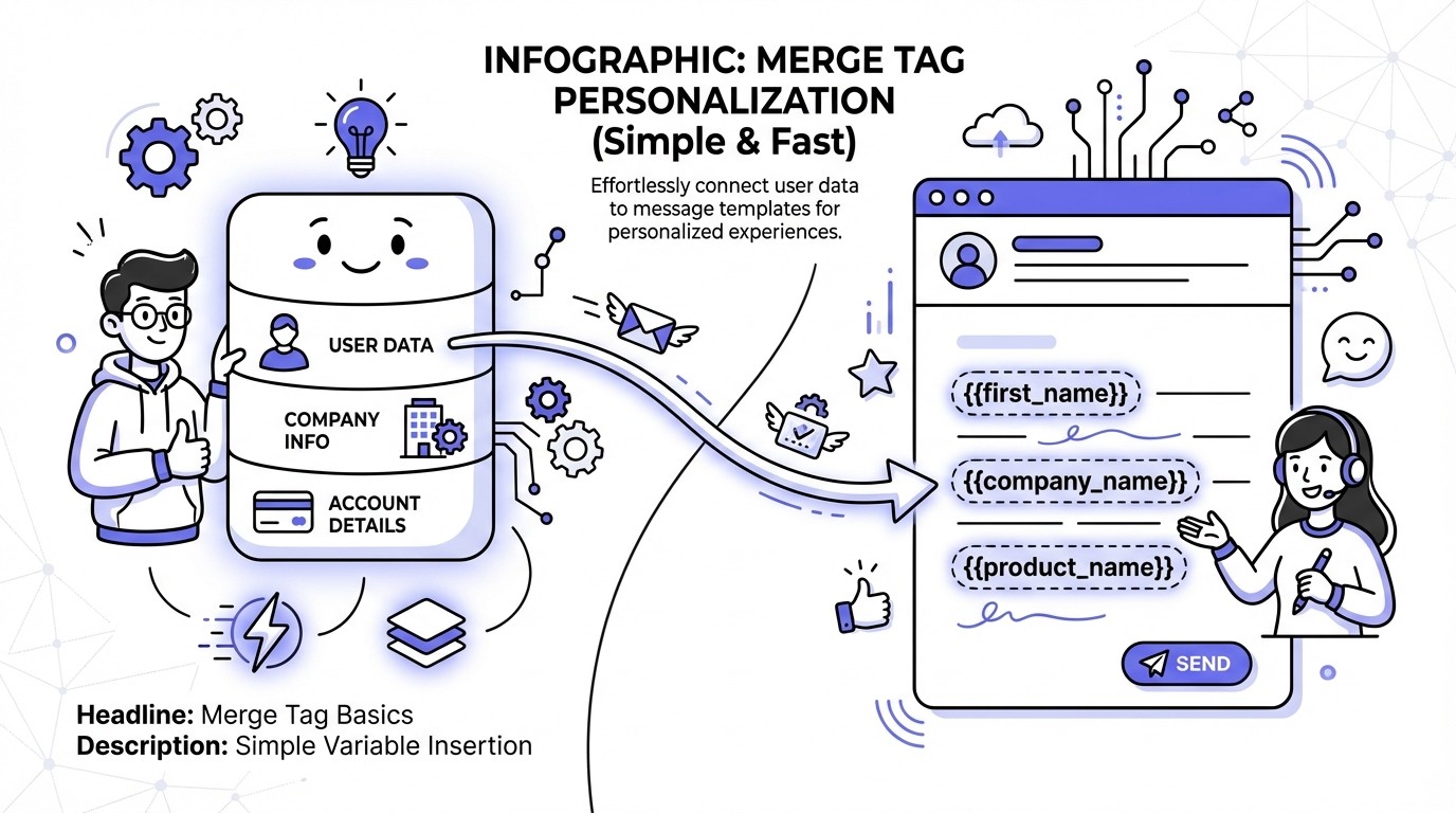 Infographic detailing merge tag personalization, showing data flowing from a user database to placeholders like first name and company name within a simple email template. It highlights the surface-level nature of this personalization method with clean lines and tech-themed icons.