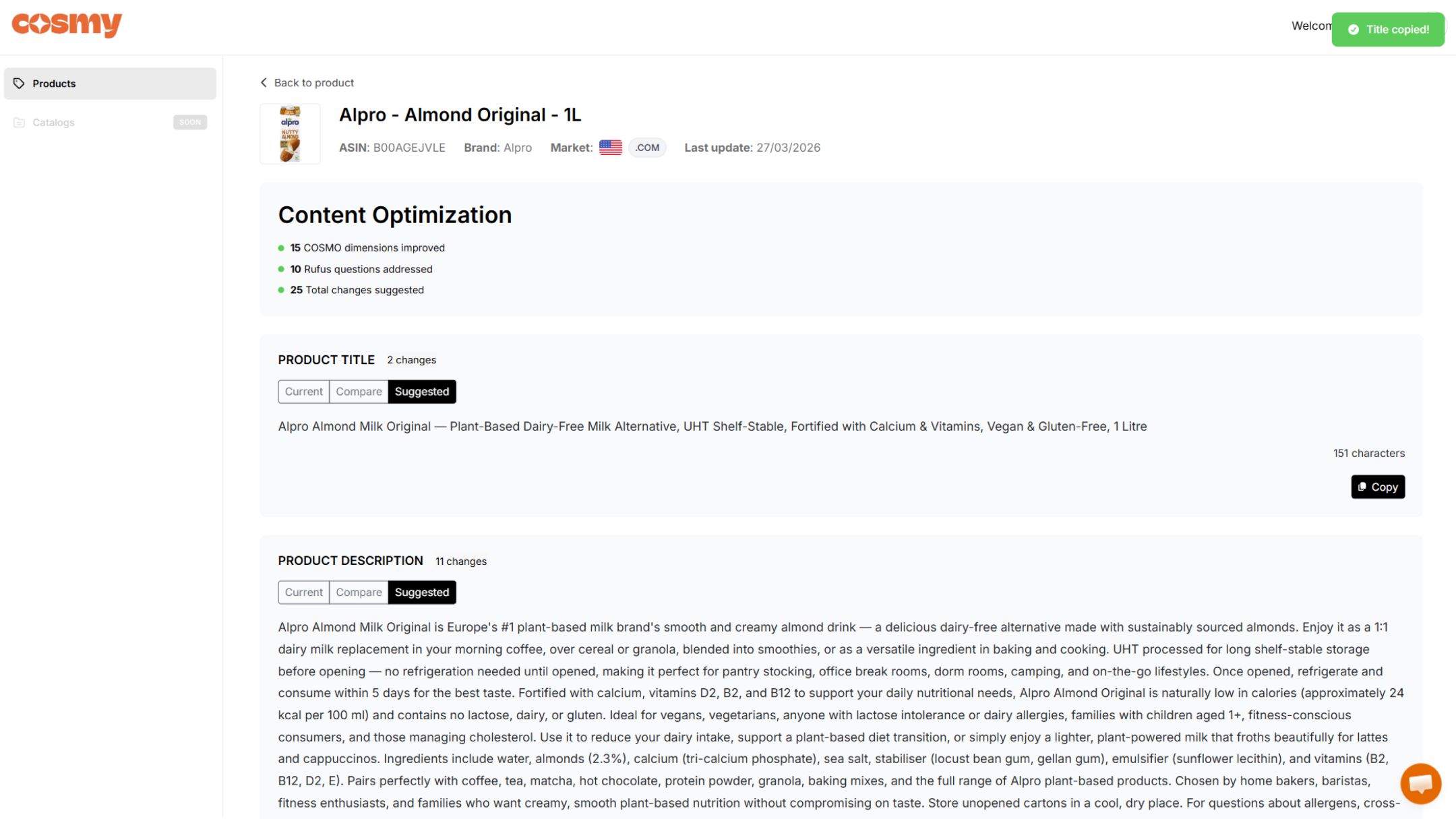 Cosmy dashboard optimizing an eCommerce Amazon product with a publish-ready listings