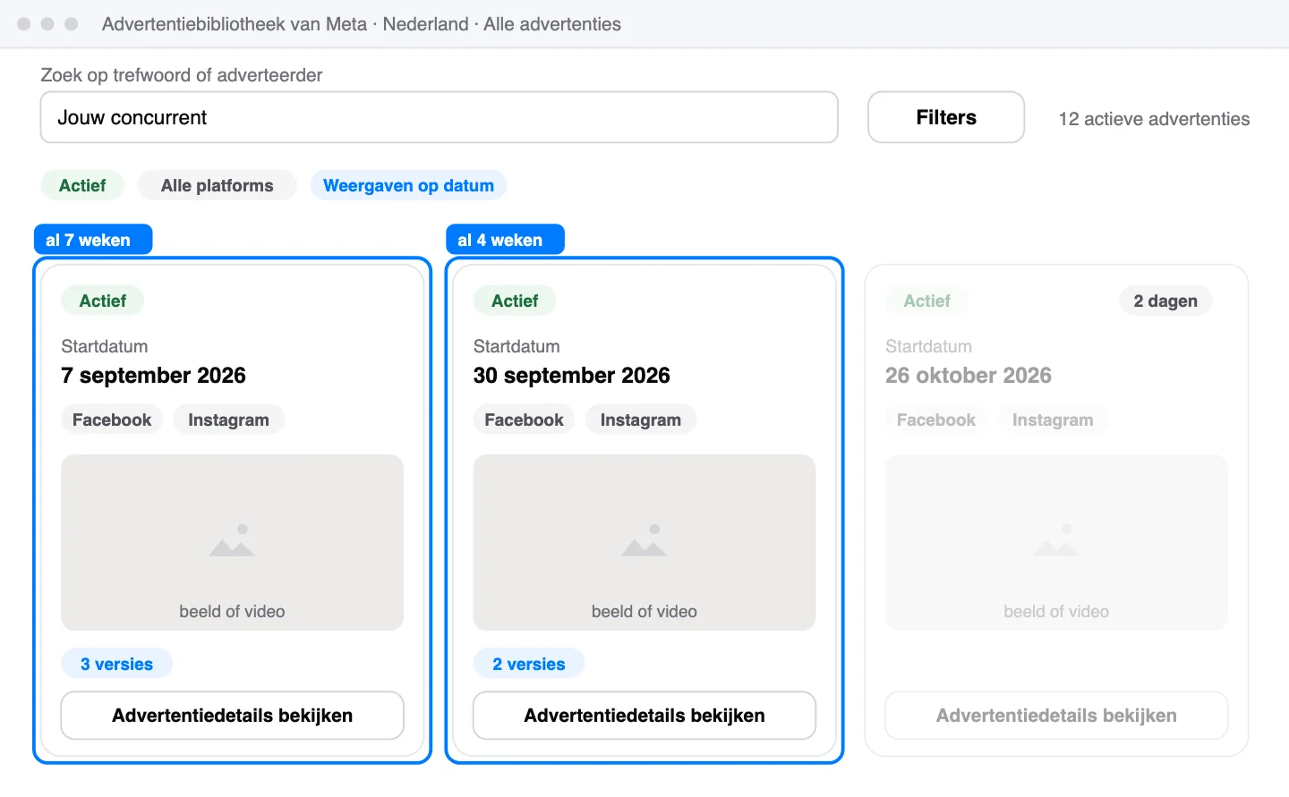Schematische weergave: Zo lees je een advertentiekaart: of hij actief is, sinds wanneer, op welke platforms en hoeveel advertenties dezelfde creatie gebruiken.