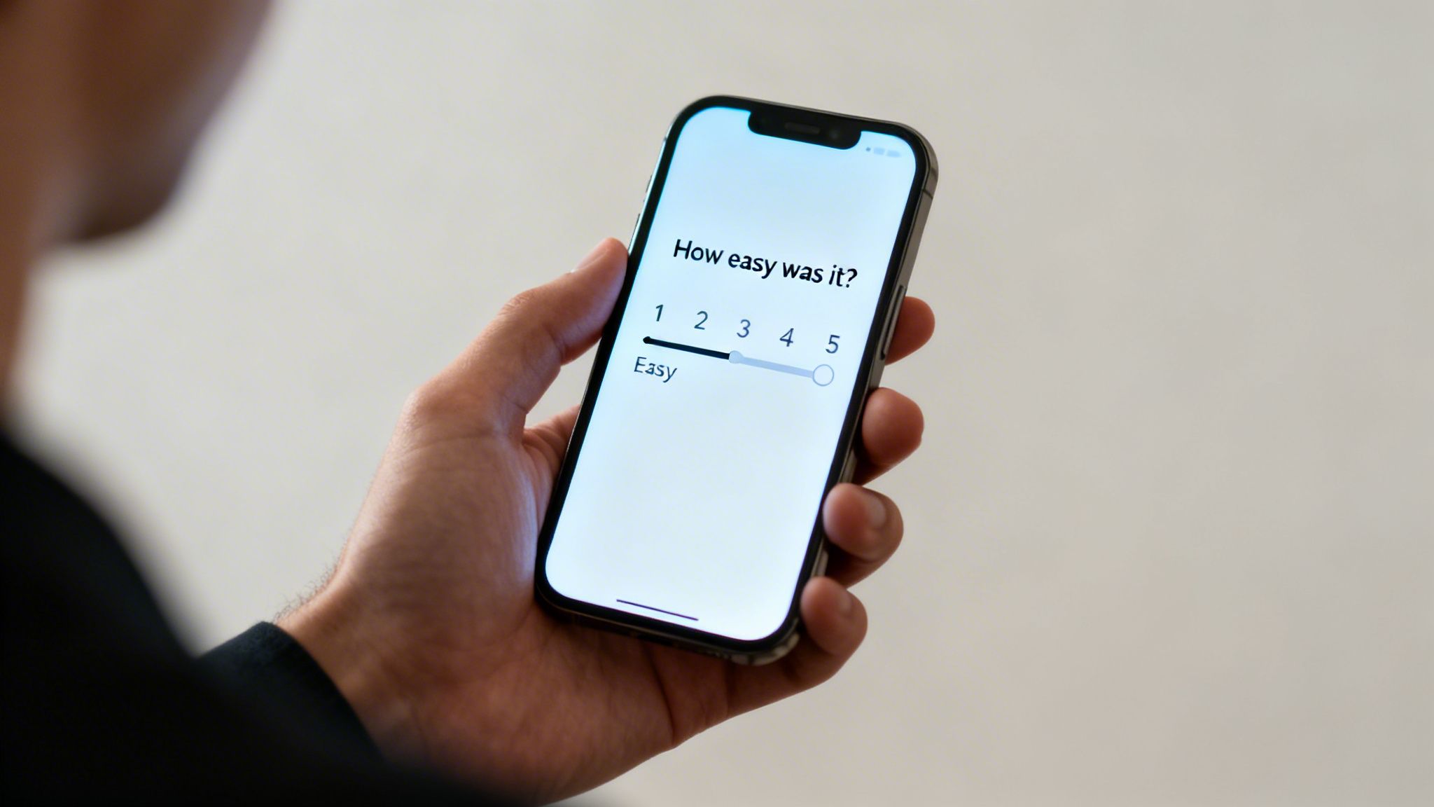A person holds a smartphone displaying a 'How easy was it?' survey with a slider set to 'Easy'.