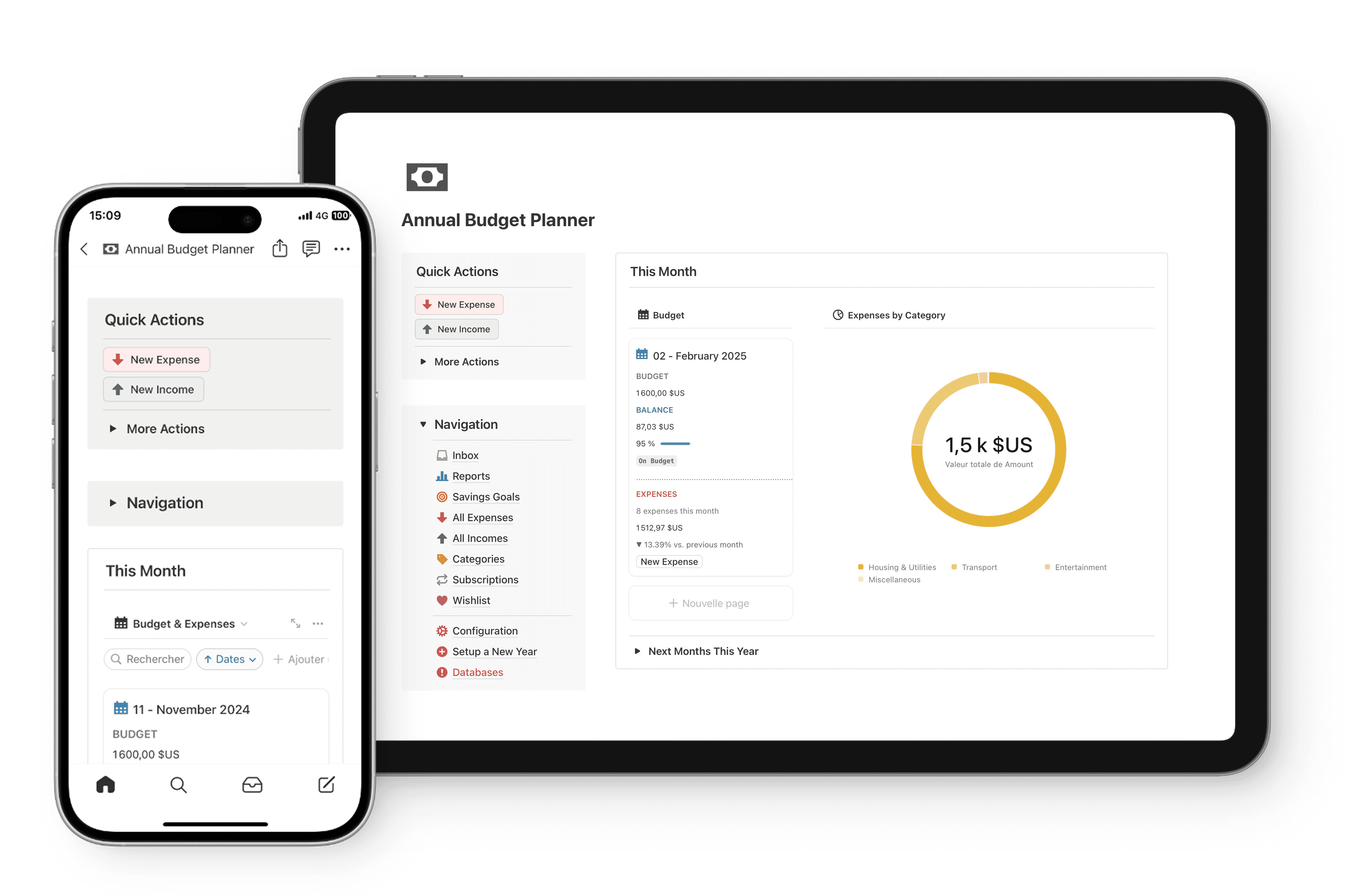 Annual Budget Planner template displayed on tablet, and phone