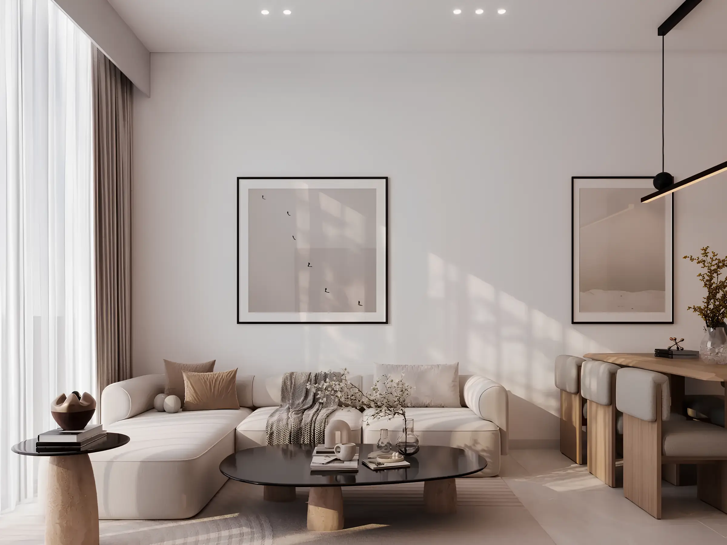Stylish modern living room that includes a dining table and chairs, creating a cozy and functional space.