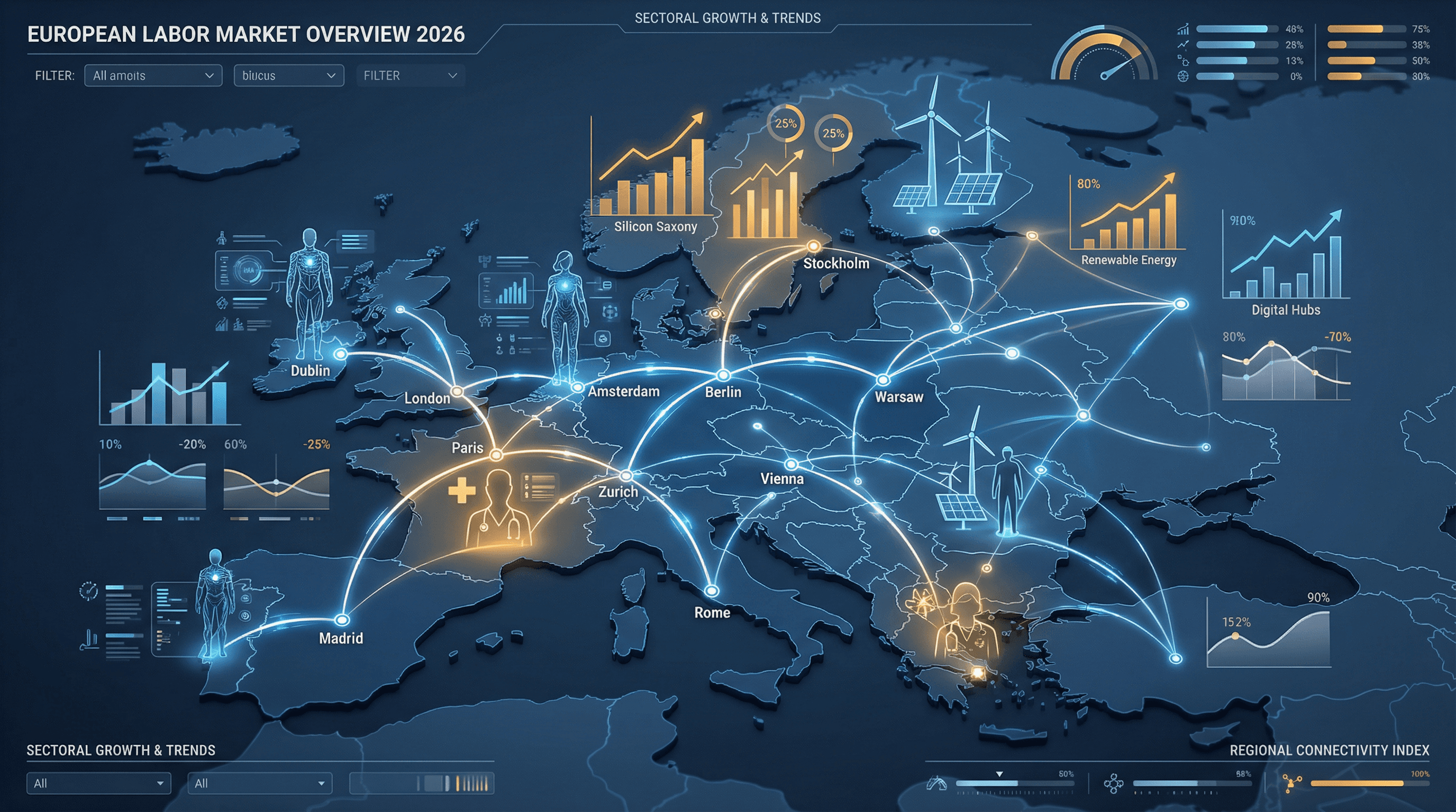 Stylized data visualization map of Europe showing labor market statistics and economic trends, representing the 2026 European job market analysis.