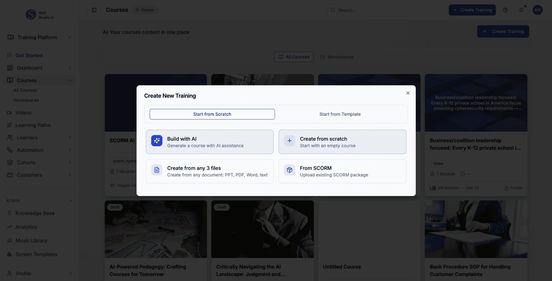 Select Create from scratch to begin with an empty course structure.