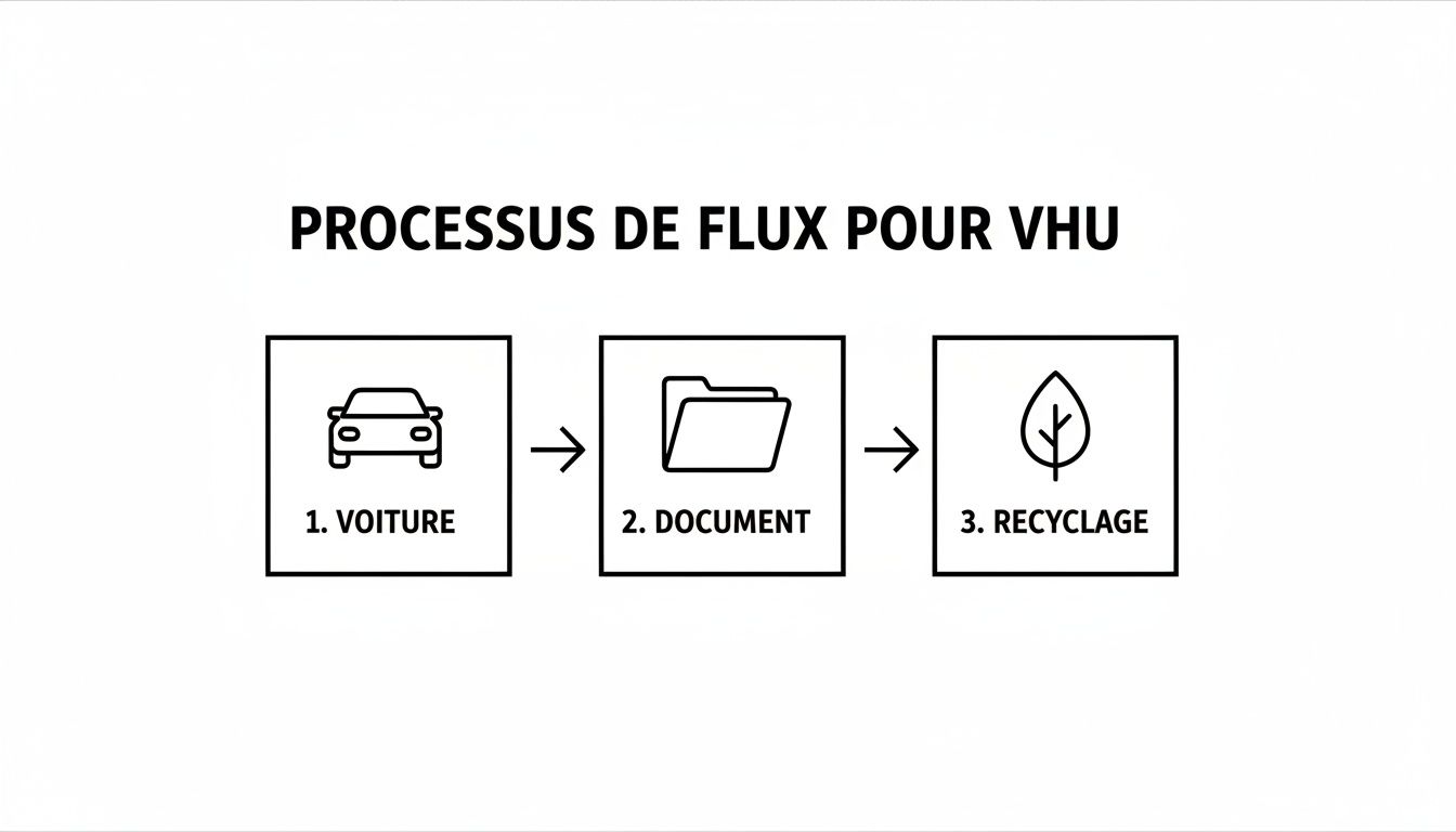 Schéma du processus de traitement des véhicules hors d'usage (VHU) : de la voiture à la documentation, puis au recyclage.