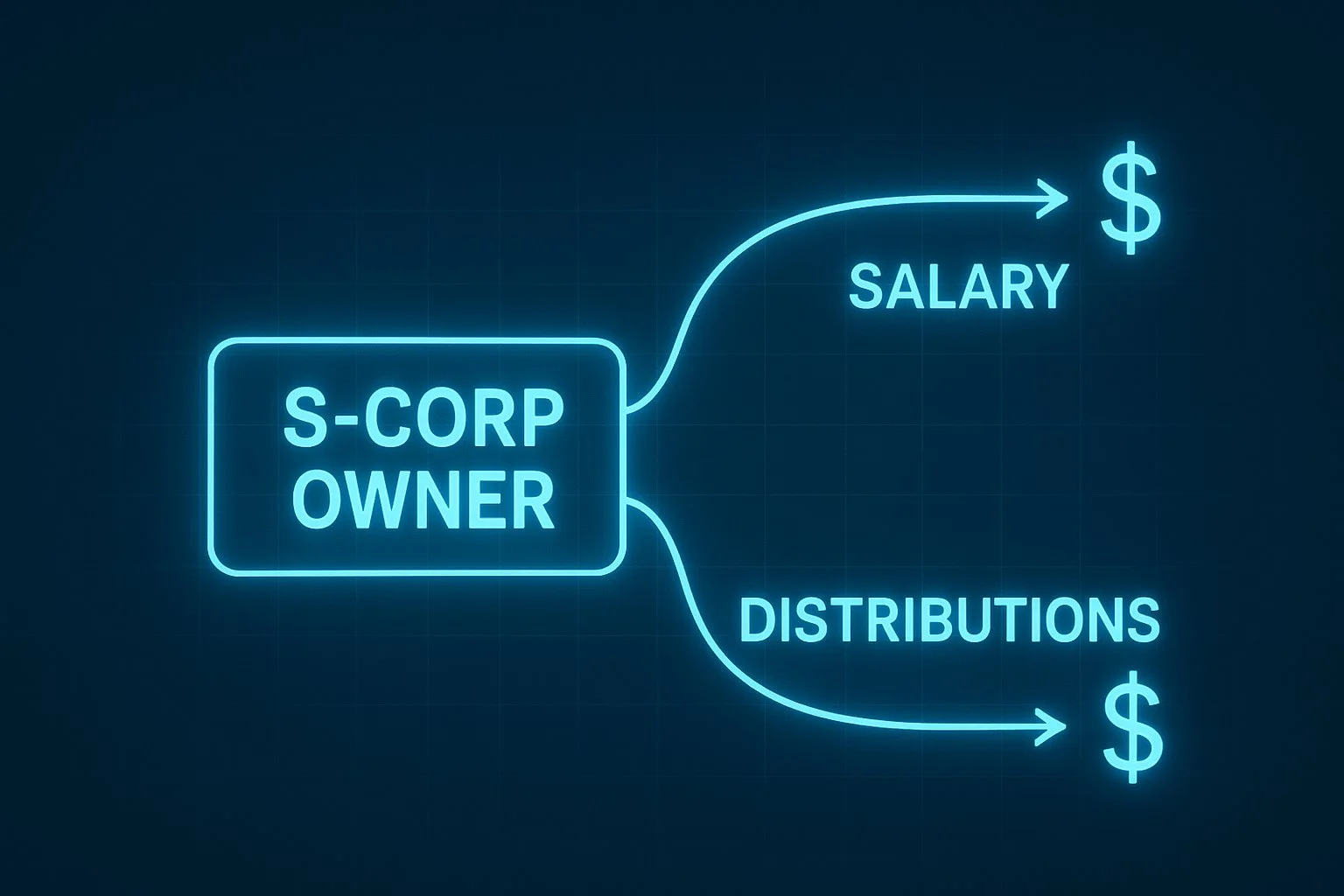 Digital graphic showing money flow with two labeled lines—one for salary and one for distributions—illustrating how S-Corp owners split income for tax efficiency.