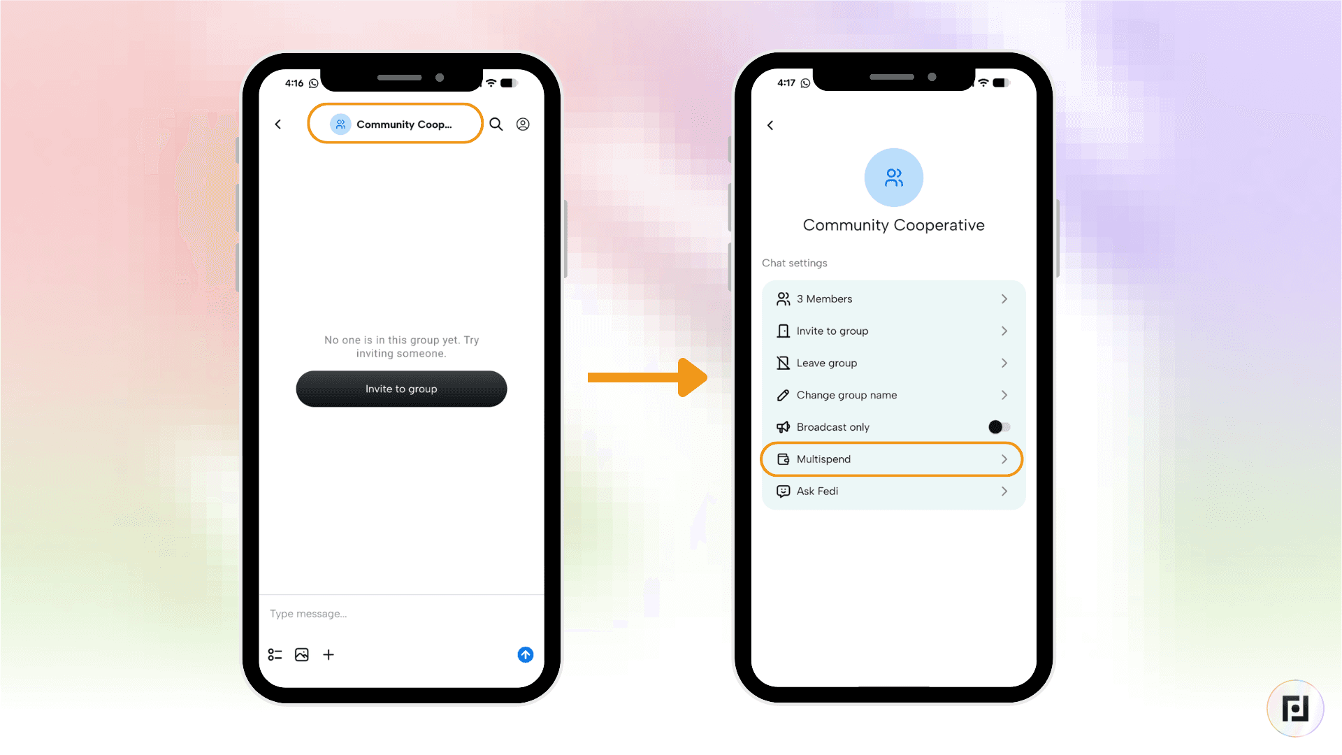 Tela de configurações de chat do aplicativo Fedi para o grupo da Cooperativa Comunitária, com a opção "Multispend" destacada no menu de configurações