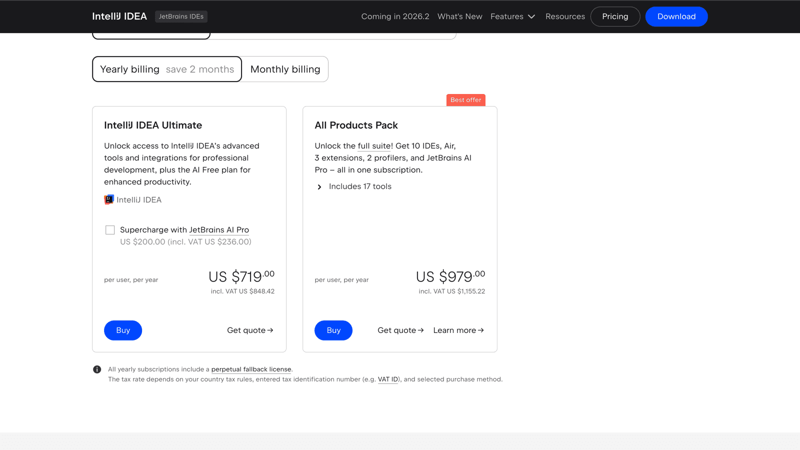 JetBrains store showing IntelliJ IDEA Ultimate at $719 per user per year and the All Products Pack at $979