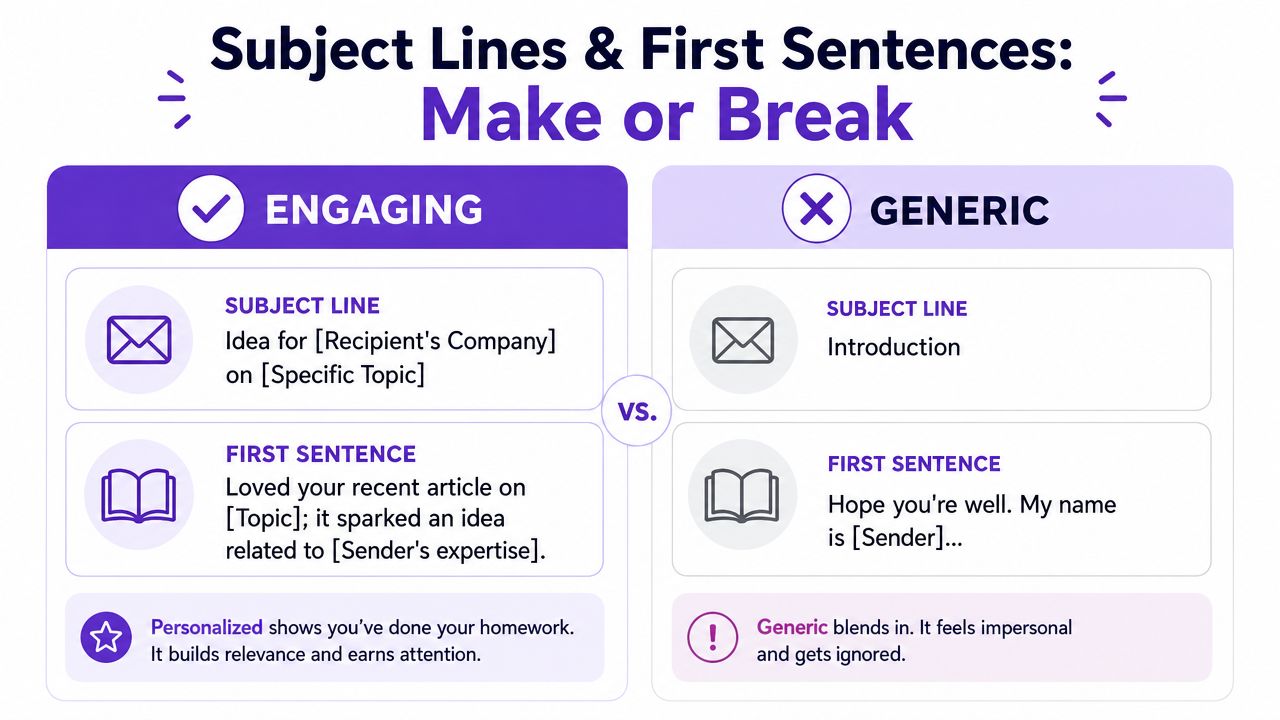 A comparative infographic showing examples of engaging versus generic email subject lines and first sentences.
