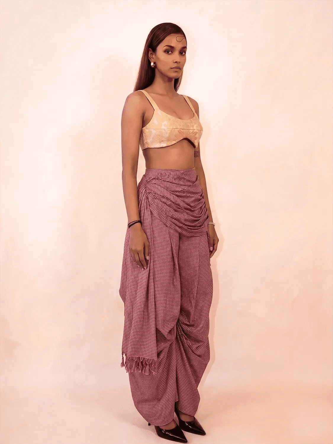 ANTARIYA VII is a one of a kind drape pant, handcrafted in house from repurposed pure silk and saree borders.