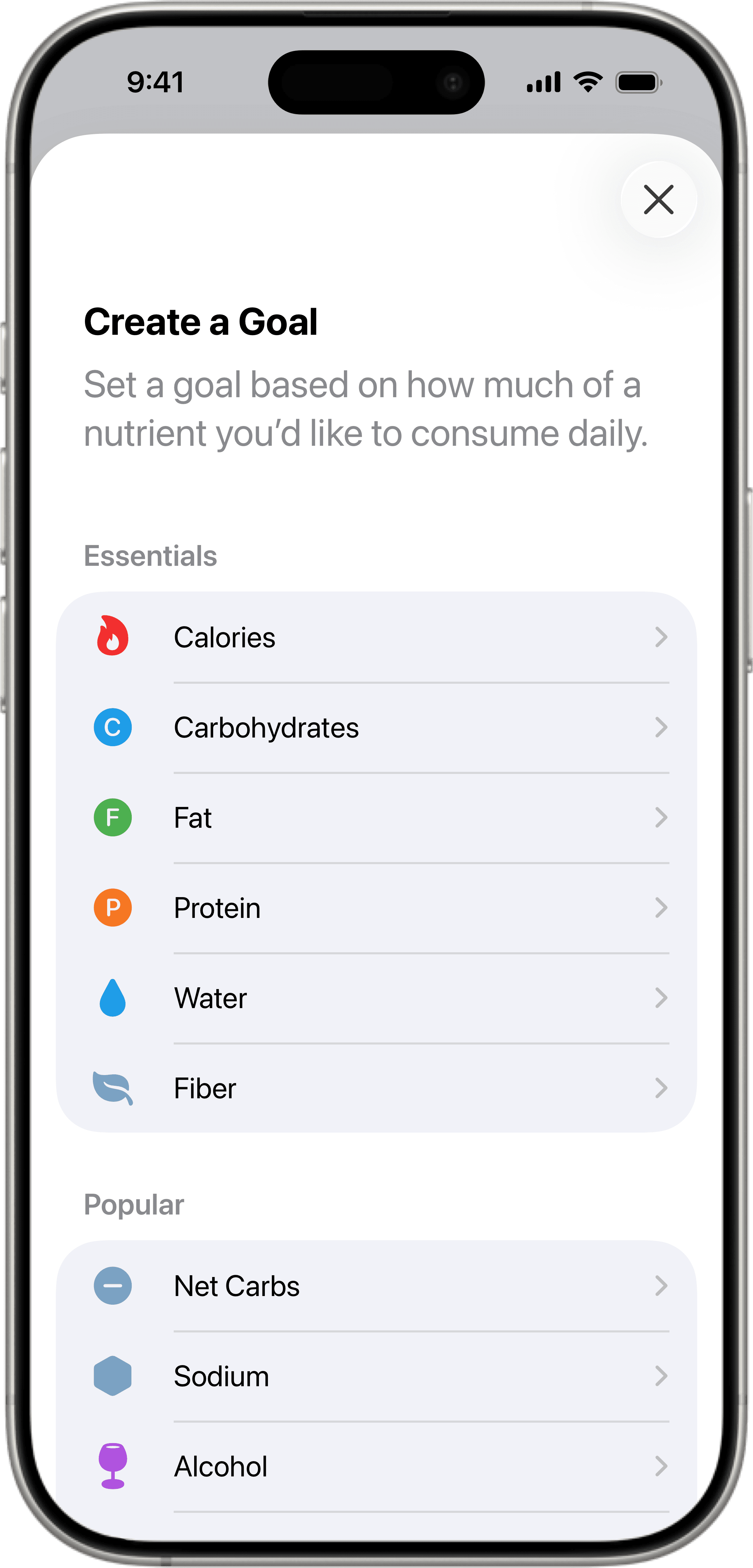 Setting custom daily nutrition goals in Foodnoms to track calories, carbs, fat, protein, water, and fiber