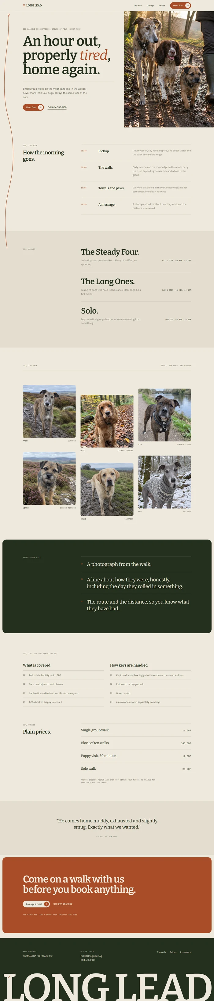 Full page of an AI-generated dog walking website with a split hero, timed walk schedule, group list with prices, dog photo grid, after walk panel, insurance and keys index, price rows, testimonial, meet first panel and moss green footer
