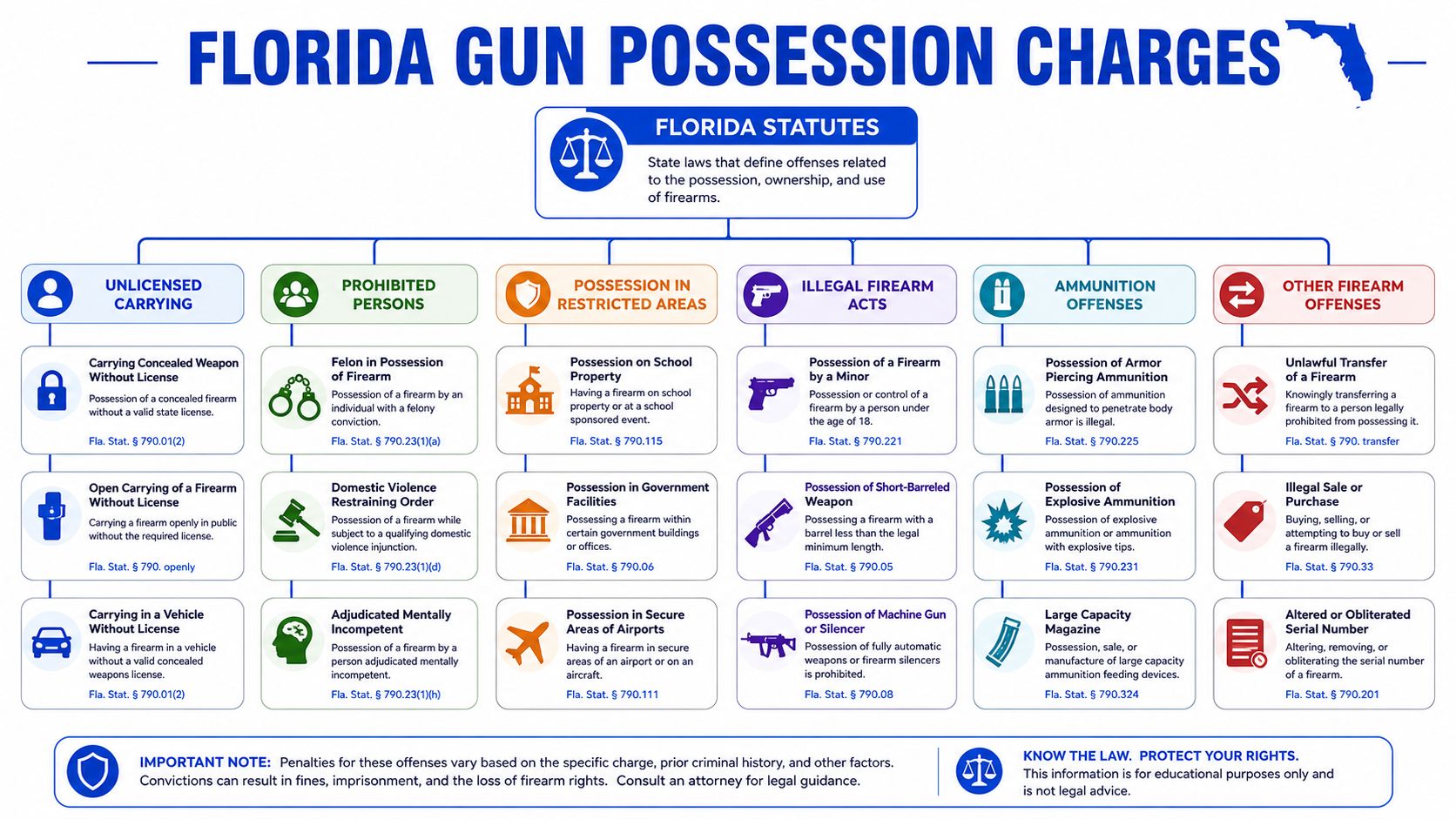 An infographic titled Florida Gun Possession Charges summarizing various state laws regarding firearm offenses and restrictions.