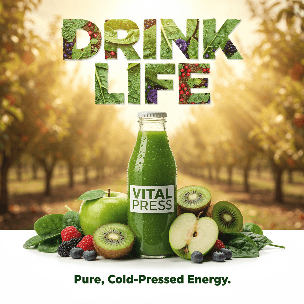 Organic juice brand poster layout, 'VITAL PRESS', ‘DRINK LIFE’ main headline in large leaf-textured typography at top, bottle of green juice with fruits, ‘Pure, Cold-Pressed Energy.’ tagline at bottom in color #228B22, sunlit orchard background, clean promotional poster design with text elements.