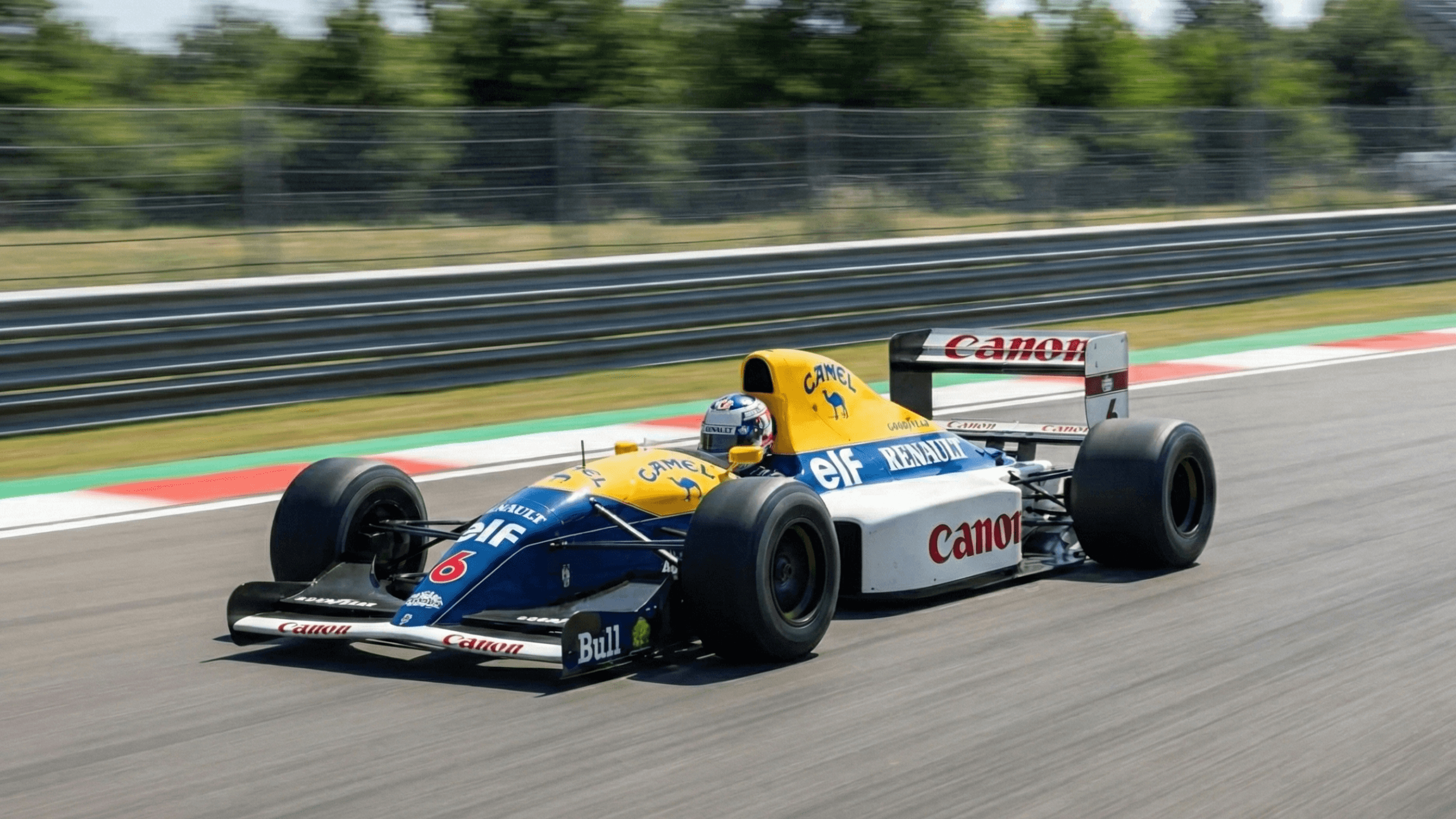 Riccardo Patrese driving Williams FW14B car on circuit – long career overview of the Italian Formula 1 veteran