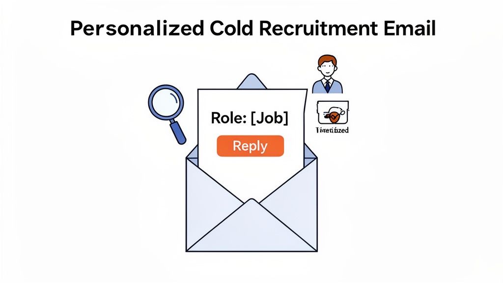 An illustration of a personalized cold recruitment email sample showing the job role, a reply button, magnifying glass, and a recruiter.