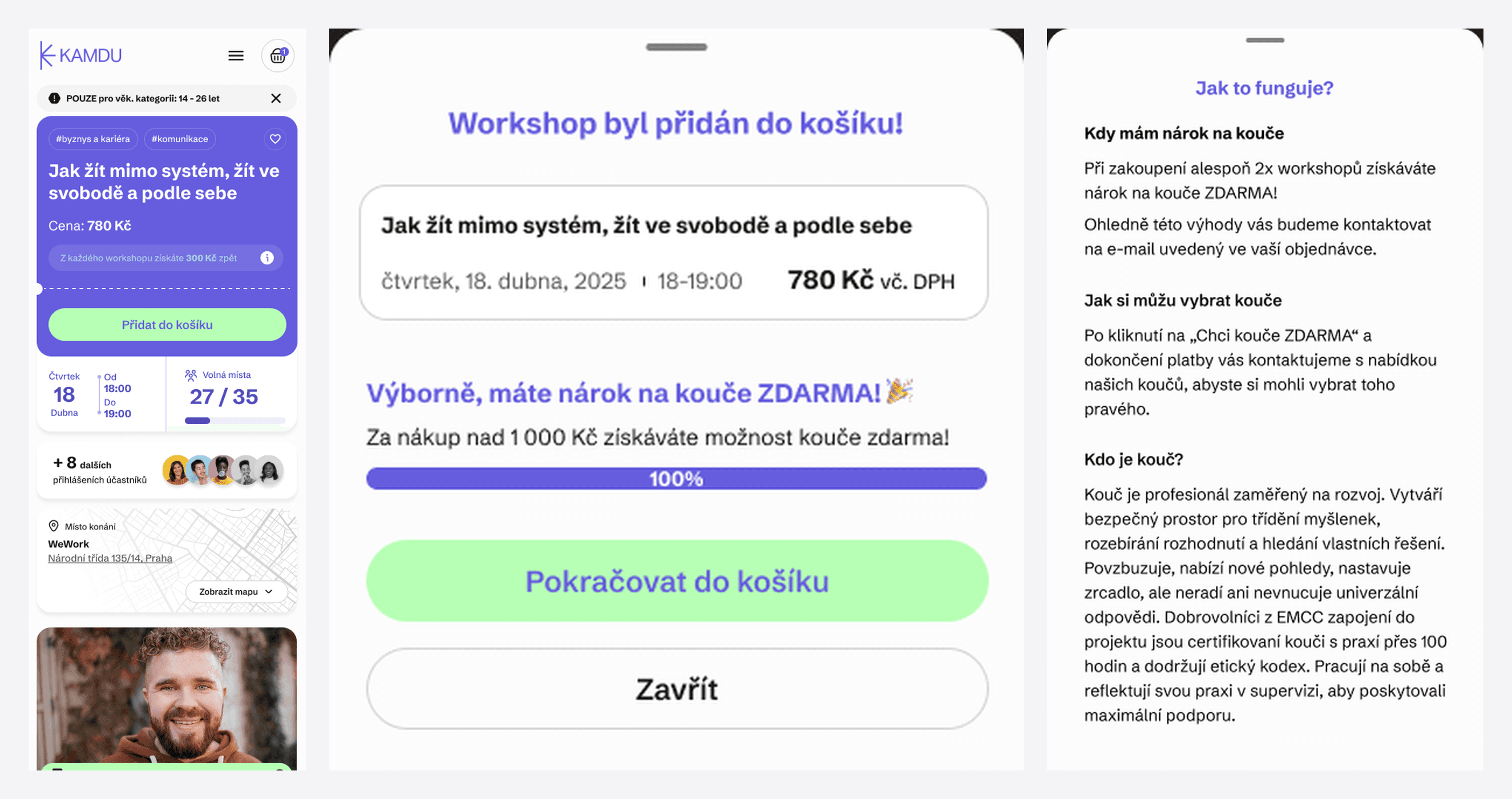 Detail workshopu s cashbackem a panely vysvětlující cashback a kouče zdarma