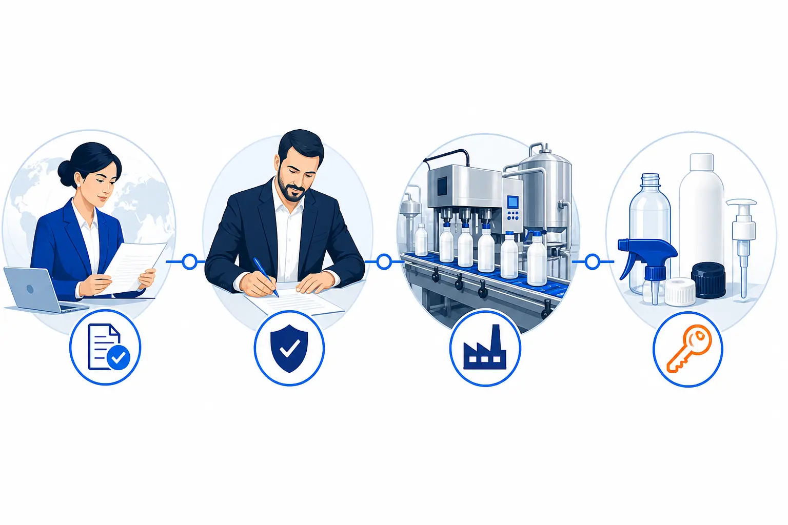 Buyer, contracting supplier, cleaning-products factory and component suppliers connected in a manufacturing decision chain