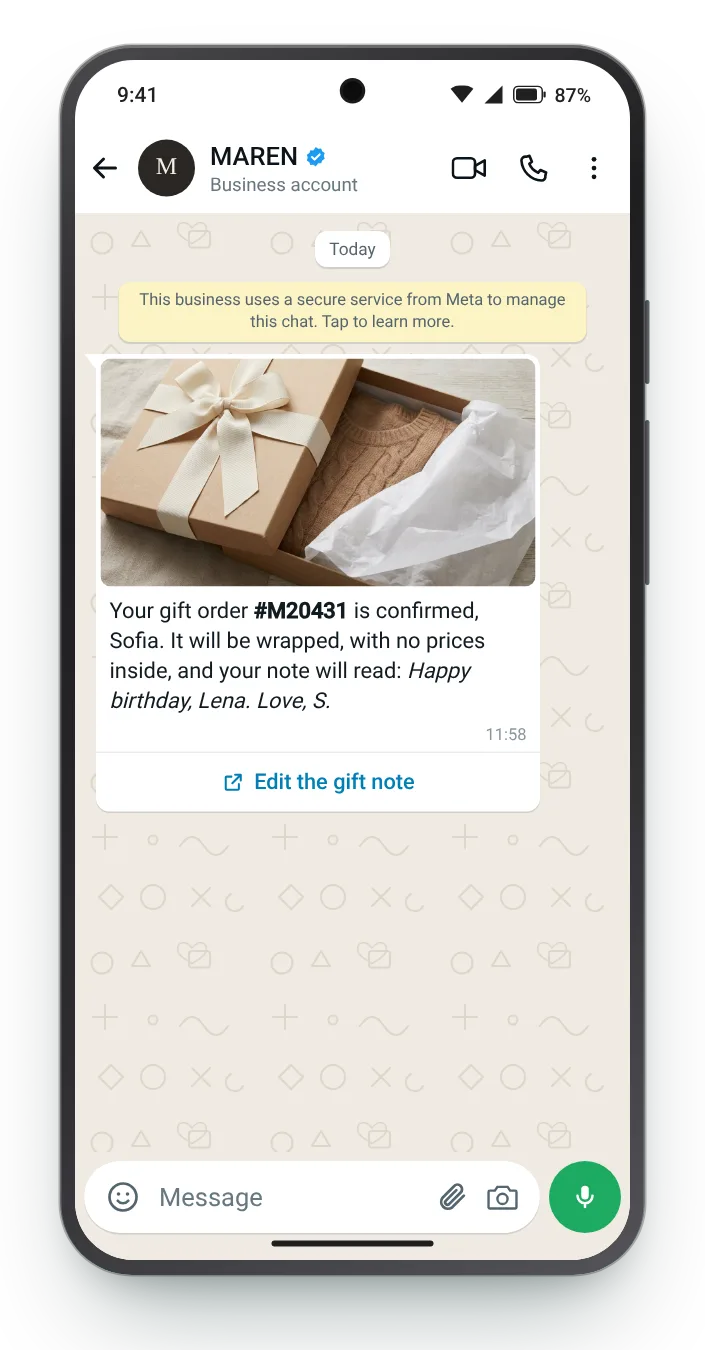 Confirming a gift, note and all: WhatsApp order confirmation on an Android phone