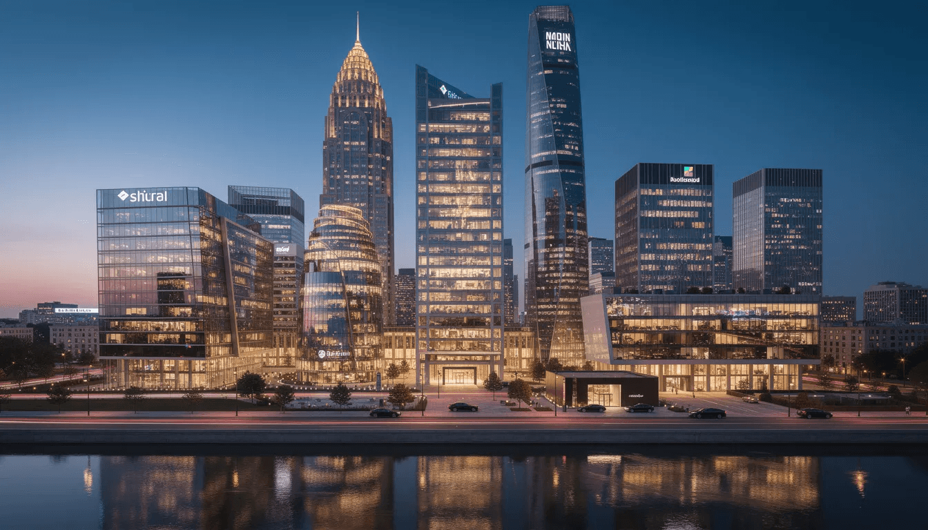 The image depicts a modern financial district skyline, showcasing tall, sleek buildings that symbolize exclusive high net worth investment opportunities. This urban landscape represents the world of private equity, hedge funds, and alternative investments, where high net worth individuals engage in complex financial planning and investment strategies to manage risk and achieve financial goals.