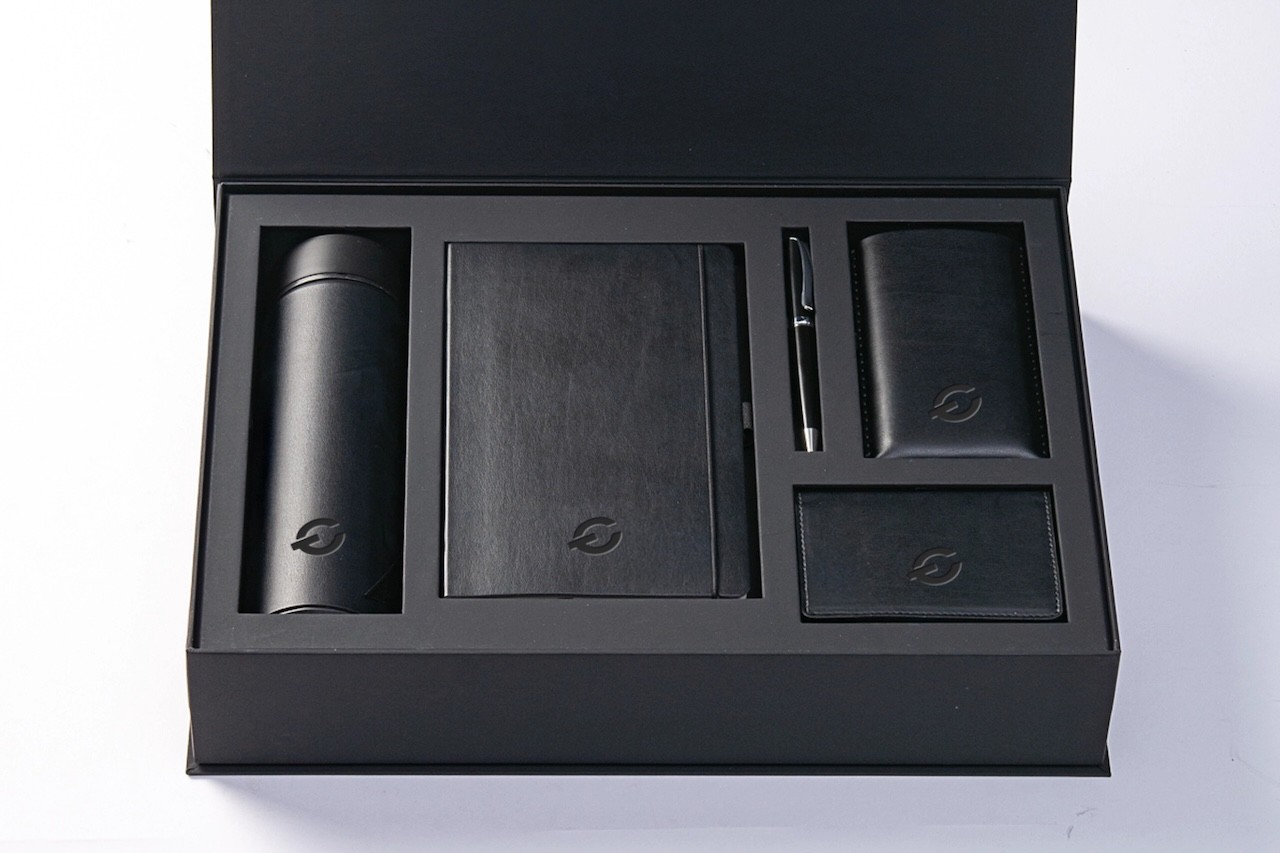 Custom branded executive gift box with leather accessories