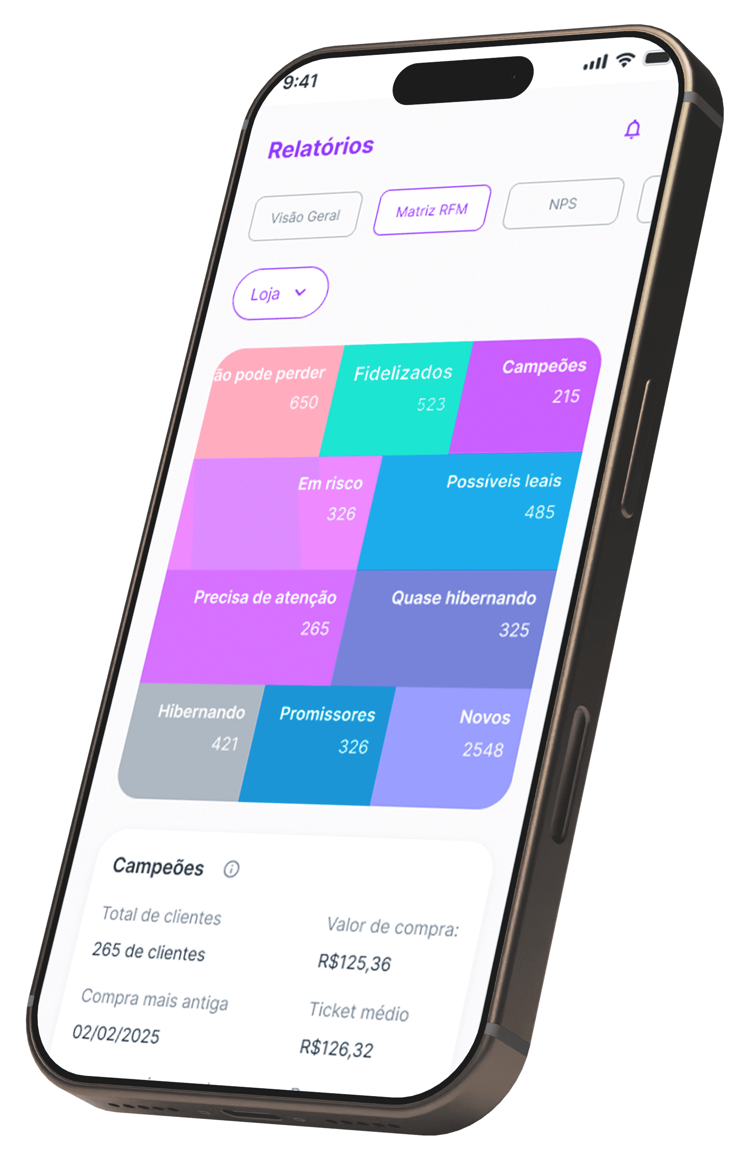 Tela da Matriz RFM no app da Zoppy