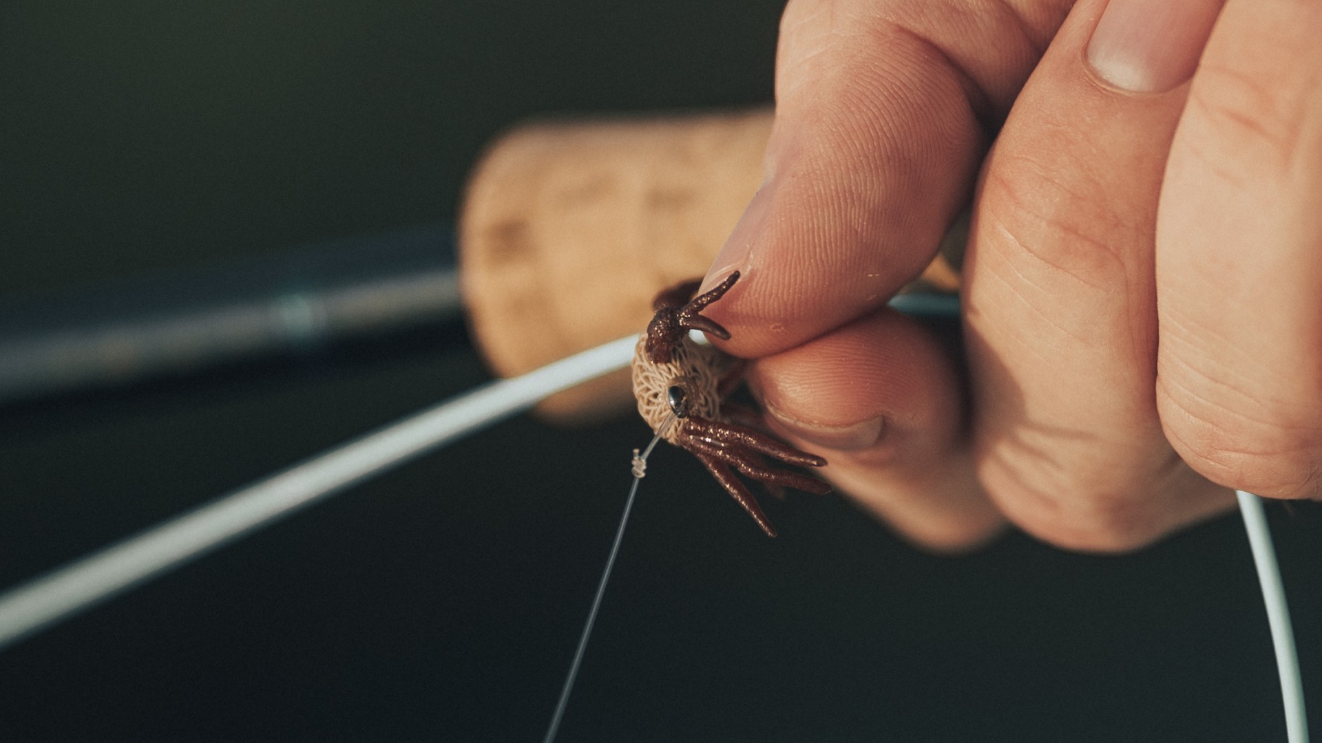 Closeup of a hand holding a flexo crab fly