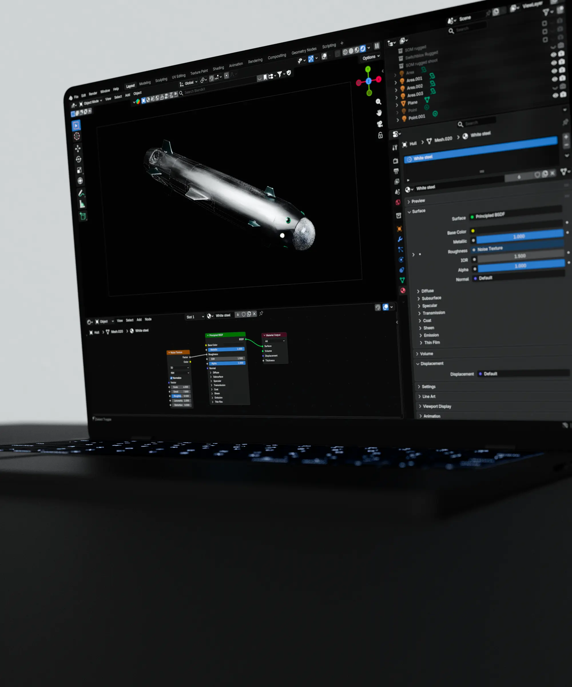 3D hardware model and shader nodes in Blender during a client project, custom 3D work at Junca Studio