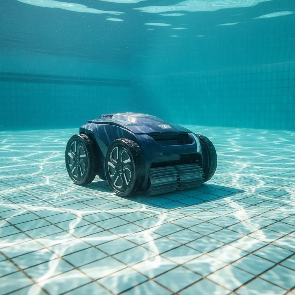 Underwater view of a robotic pool cleaner moving across the tiled pool floor.