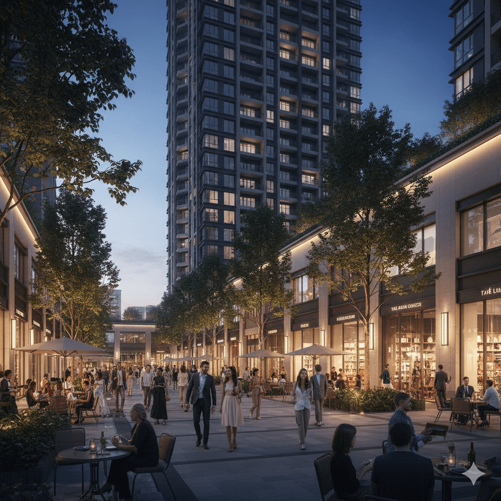 Ground-level retail area with cafes integrated into luxury building base
