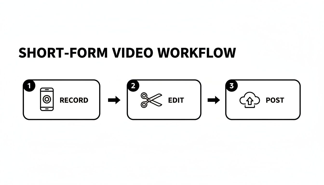 A three-step diagram outlining the short-form video workflow: record, edit, and post.