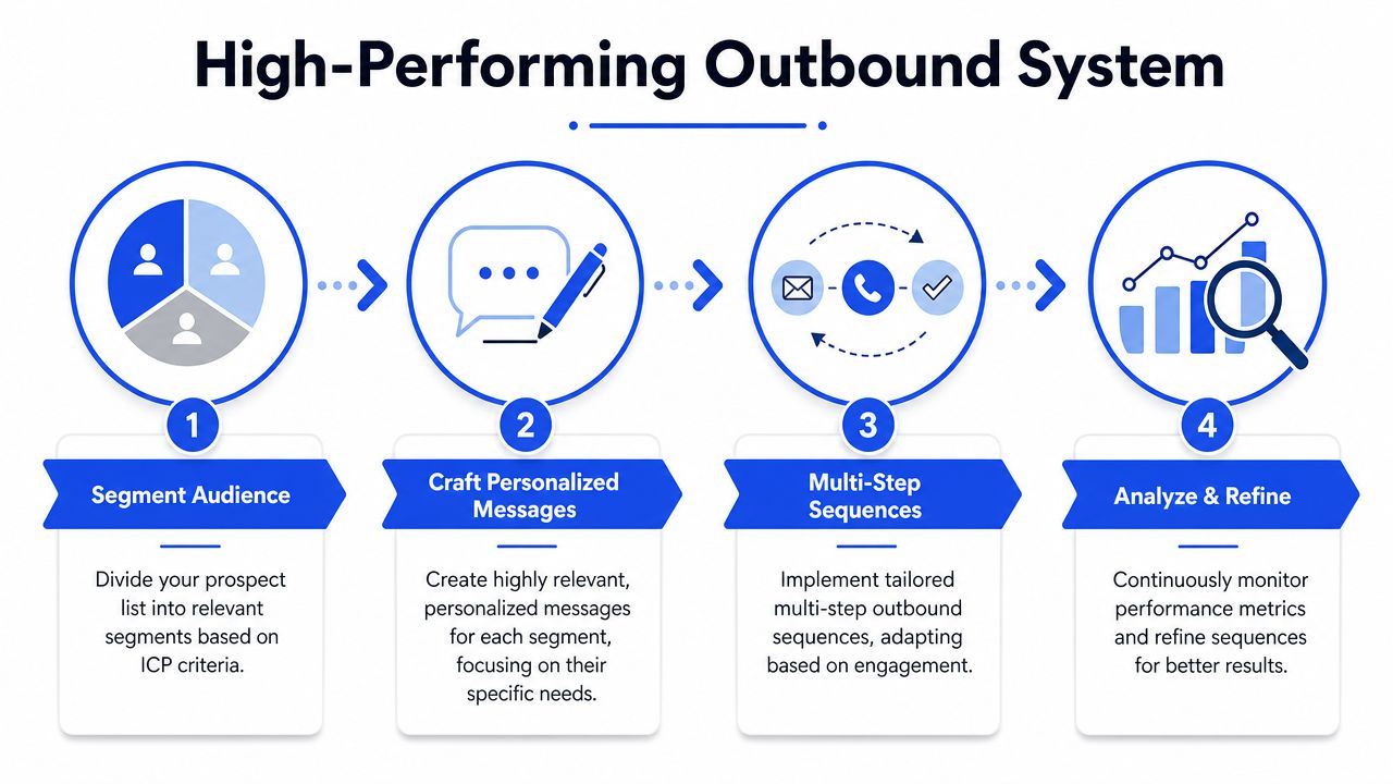 A four-step infographic illustrating a high-performing B2B outbound lead generation strategy for business growth and optimization.