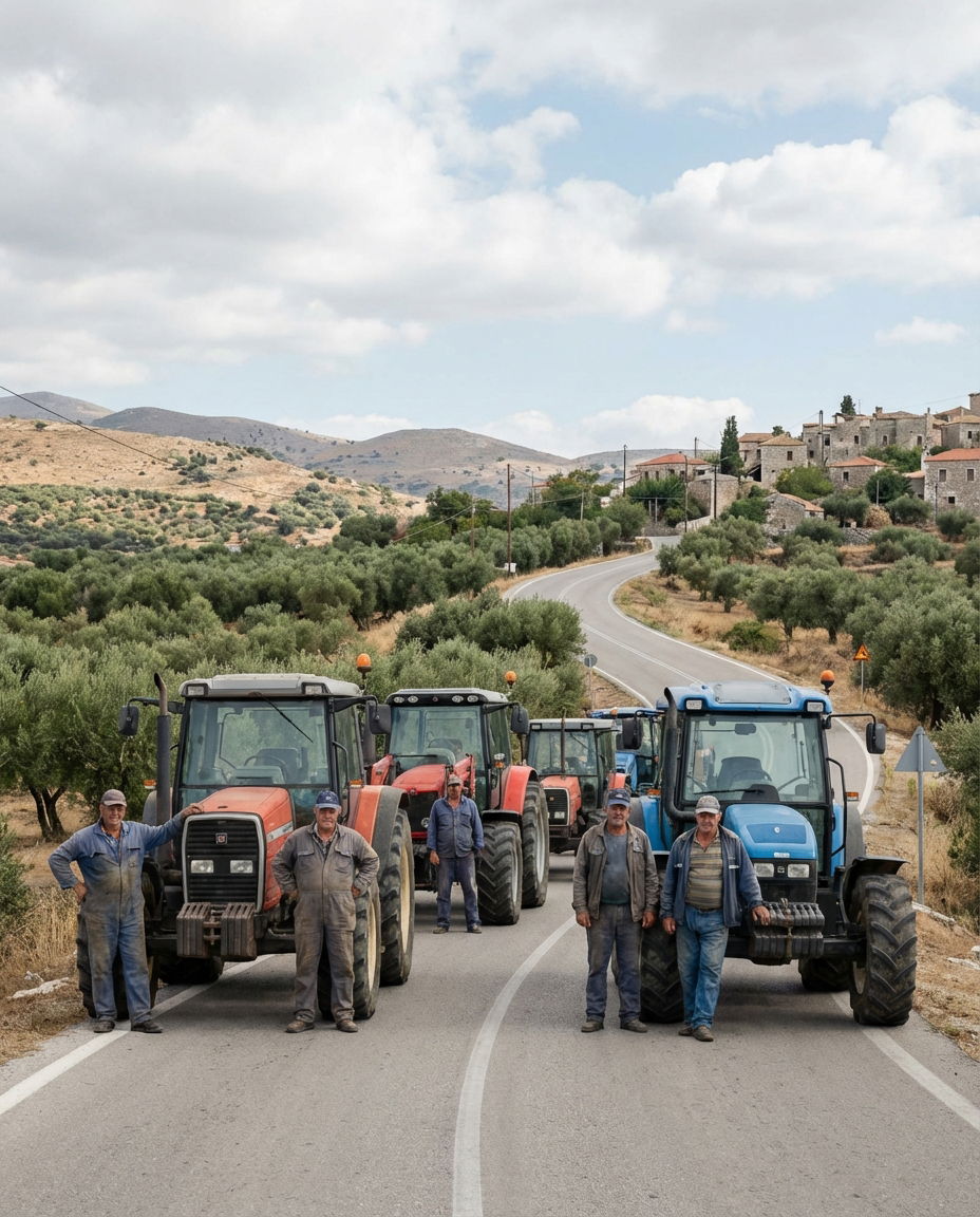 Greek farmers with tractors blocking a rural road during protests.