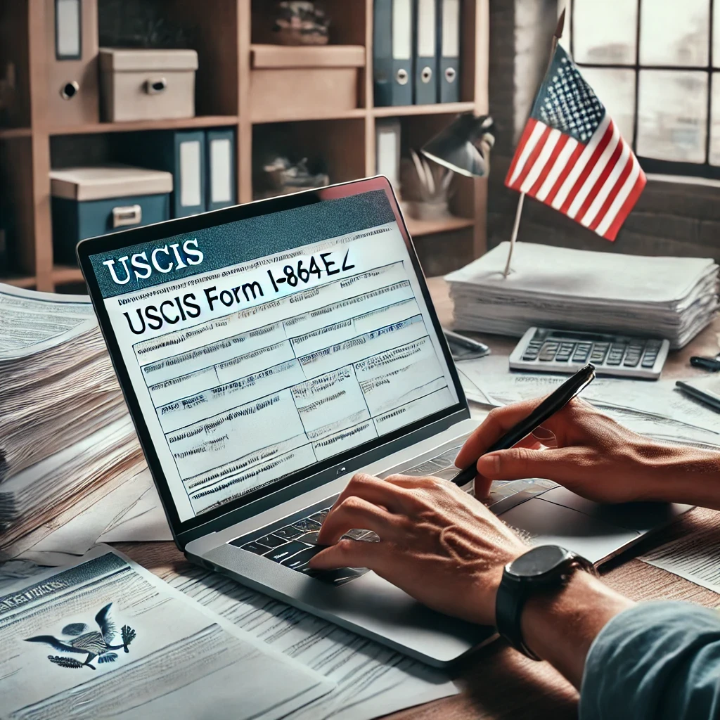 A person filling out USCIS Form I-864EZ on a laptop, surrounded by immigration documents on a desk, symbolizing the preparation of the simplified Affidavit of Support.