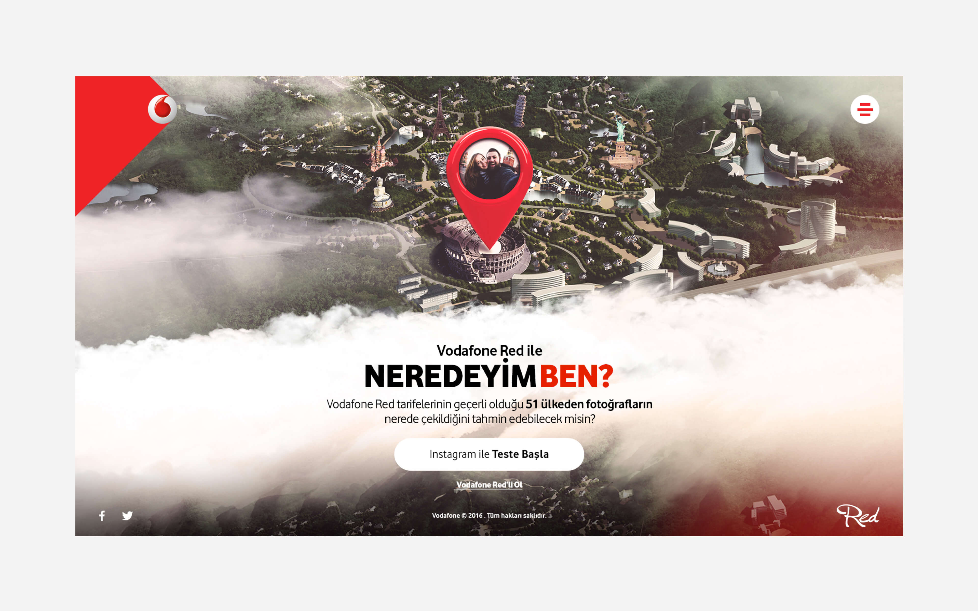 Vodafone Red landing page featuring world map, landmarks, red pin with selfie, promoting photo location guessing game in 51 countries.