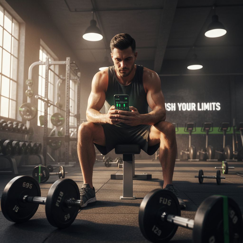 Athlete using simple workout app to track sets between exercises