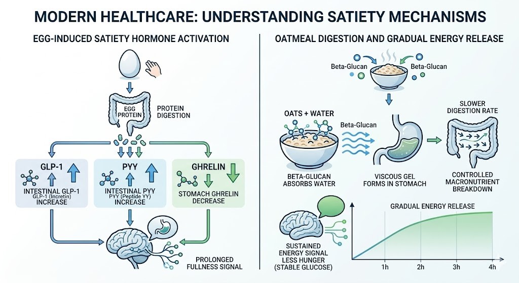A nutritional infographic comparison chart. The left side, under the title 'EGG-INDUCED SATIETY HORMONE ACTIVATION', uses medical icons and arrows to show how egg protein digestion leads to increases in GLP-1 and PYY hormones, and a decrease in Ghrelin, sending a 'Feeling Full' signal to the brain. The right side, titled 'OATMEAL DIGESTION AND GRADUAL ENERGY RELEASE', illustrates a bowl of oats, beta-glucan water absorption, gel formation in the stomach, and a graph showing a slower digestion rate and gradual energy release. The overall style is a clean, modern illustration with blue and green colors.