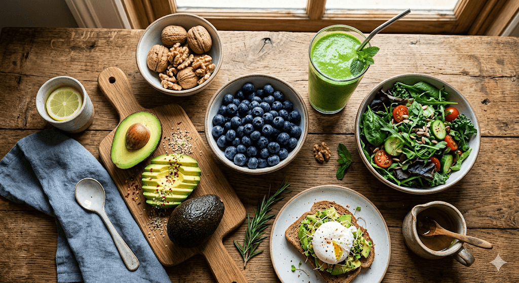 A beautifully arranged, appetizing spread of "brain-healthy" foods on a rustic wooden table. The spread includes fresh blueberries, walnuts, avocado, and a bright green smoothie. Shot from a top-down angle with natural sunlight highlighting the textures, conveying health, vitality, and environmental support.