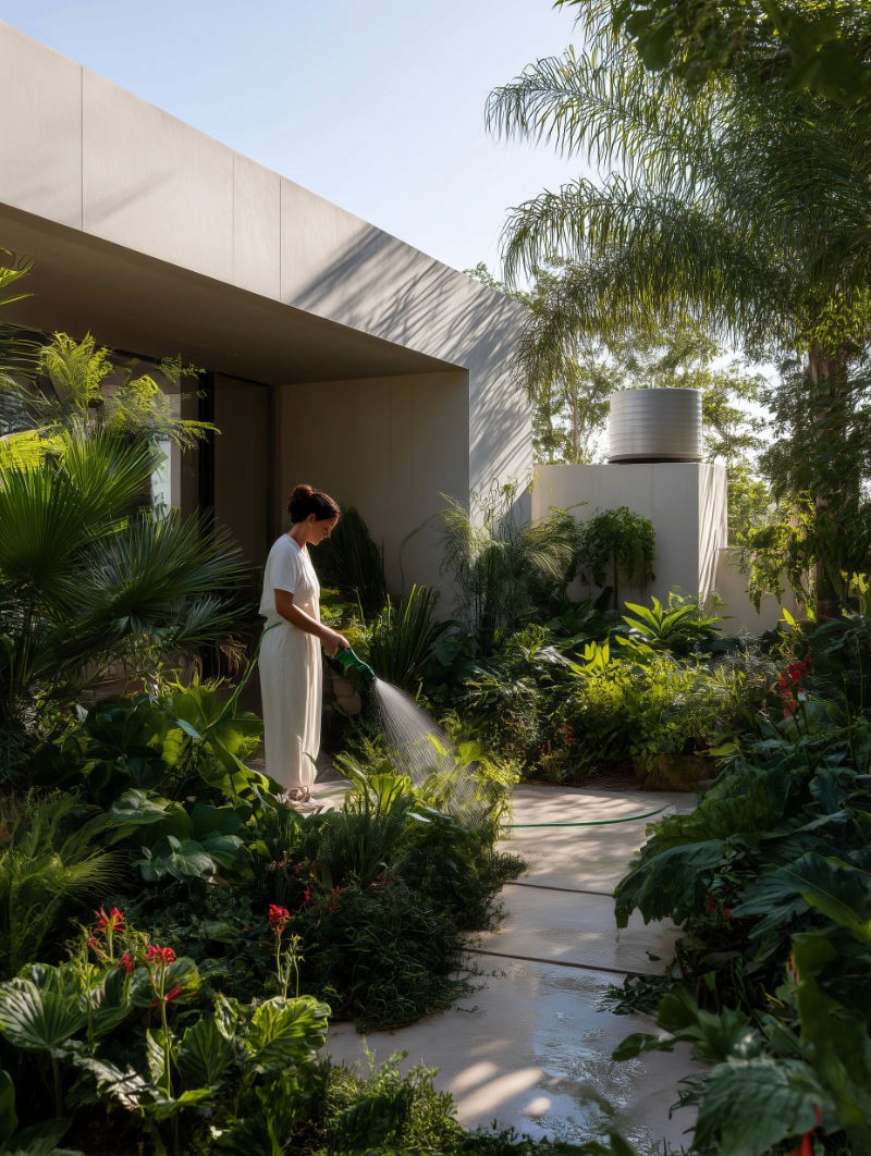 mulher regando o jardim exuberante de uma casa moderna usando água captada da chuva