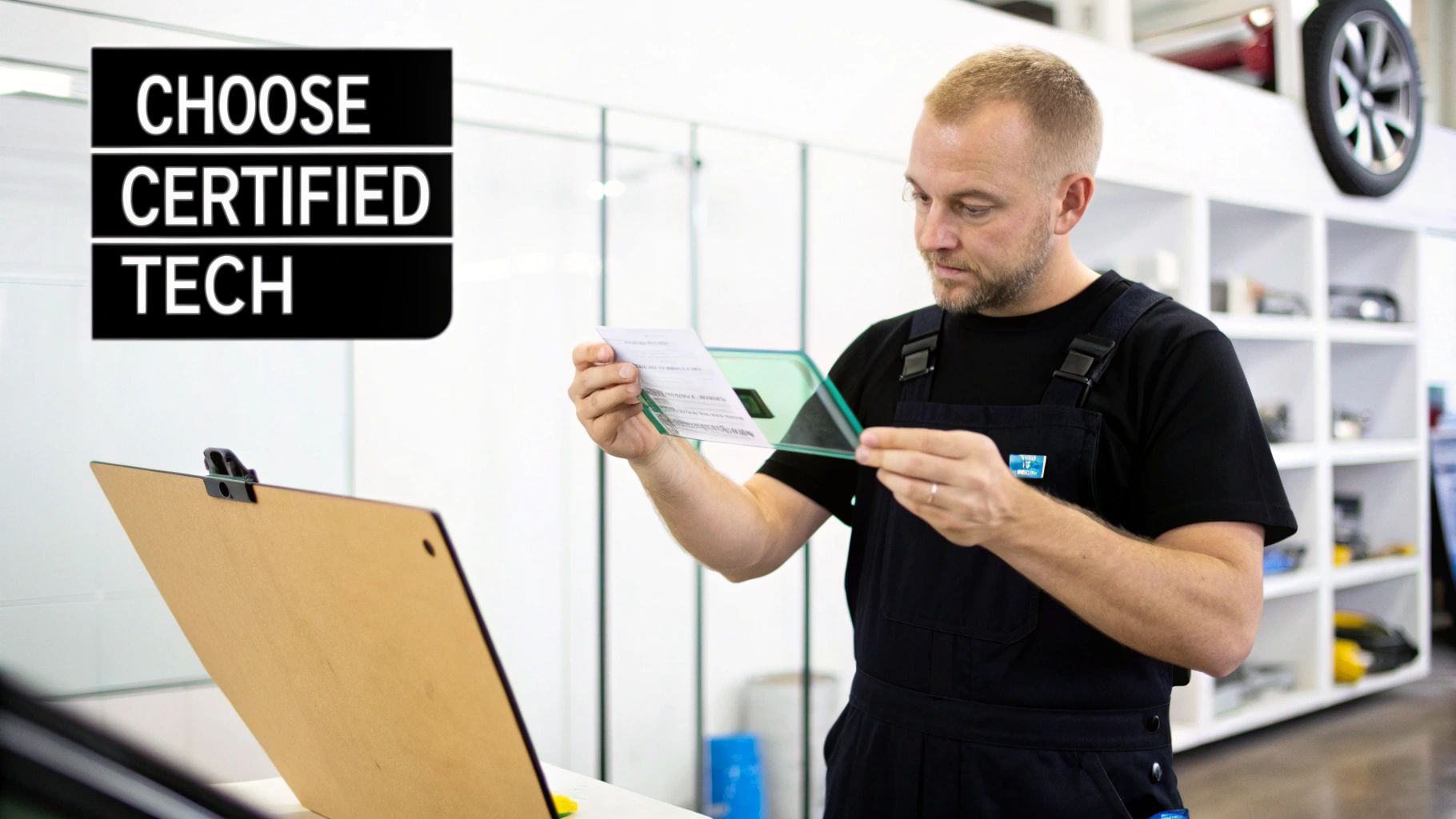 Certified technician examining safety glass documentation in professional automotive repair workshop