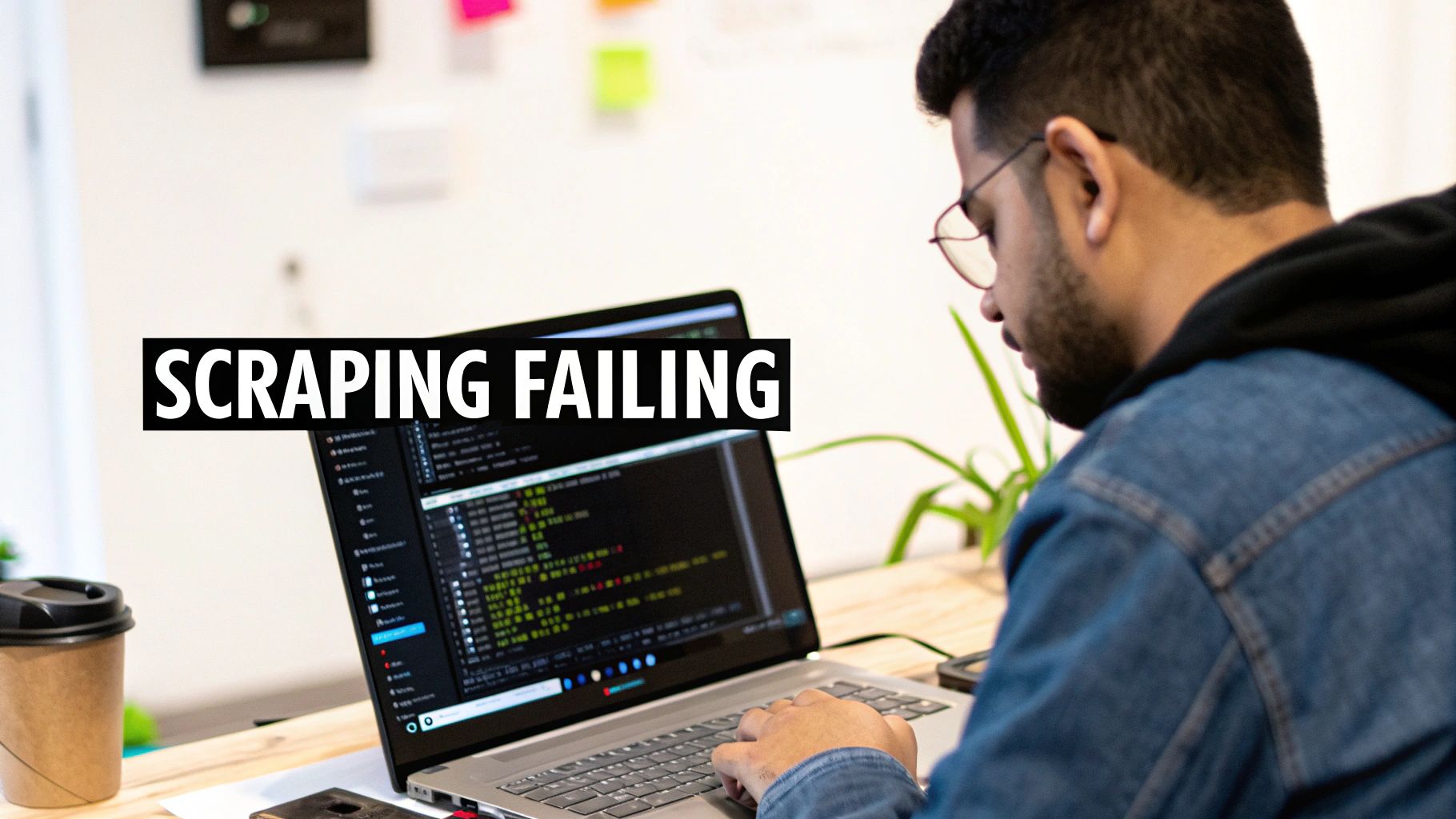 A focused developer with glasses works on a laptop displaying code, with an overlay "SCRAPING FAILING".
