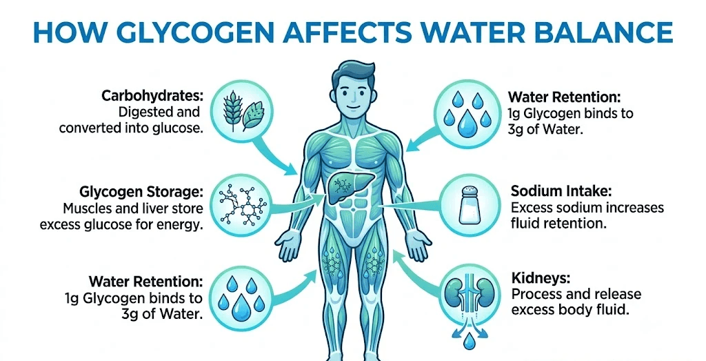 A medical infographic illustration explaining 'How Glycogen Affects Water Balance' in the human body, detailing carbohydrates conversion, glycogen storage in muscles and liver, water retention with a 1g to 3g ratio, sodium intake, and kidney function.