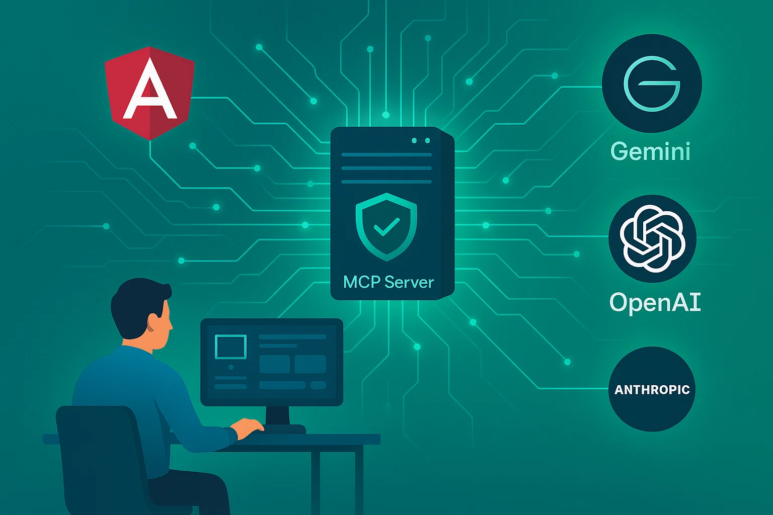 Developer connecting Angular MCP server with Gemini, OpenAI, and Anthropic APIs through secure AI integration network.