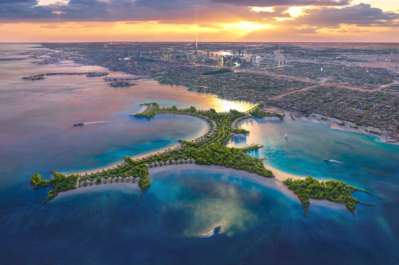 Resort architecture at dusk in the Gulf