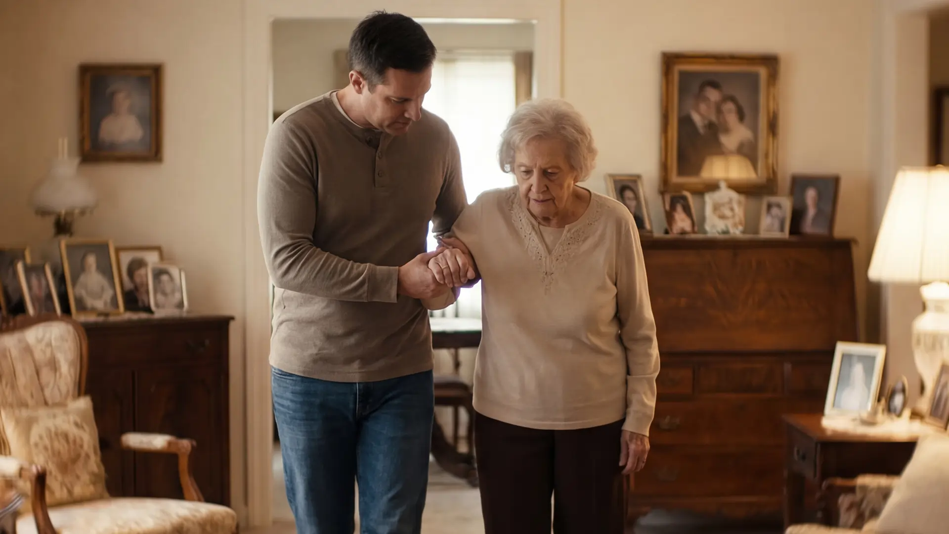 Family member assisting a woman with dementia as she moves safely through her home