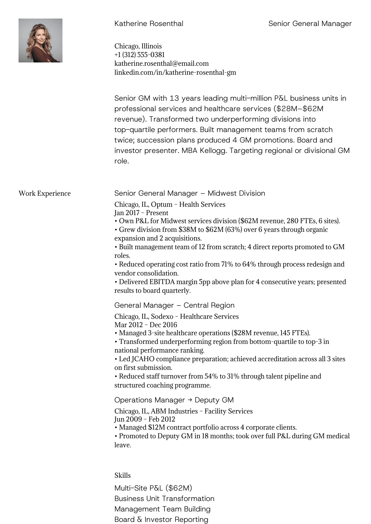 Senior general manager resume example