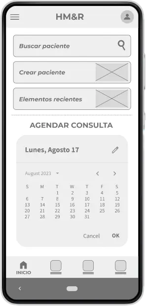 Maqueta de baja fidelidad (wireframes) de la aplicación HM&R para la fase inicial de investigación; se utiliza en la primera ronda de pruebas de usabilidad para validar la arquitectura de información y el flujo de navegación con usuarios reales.
