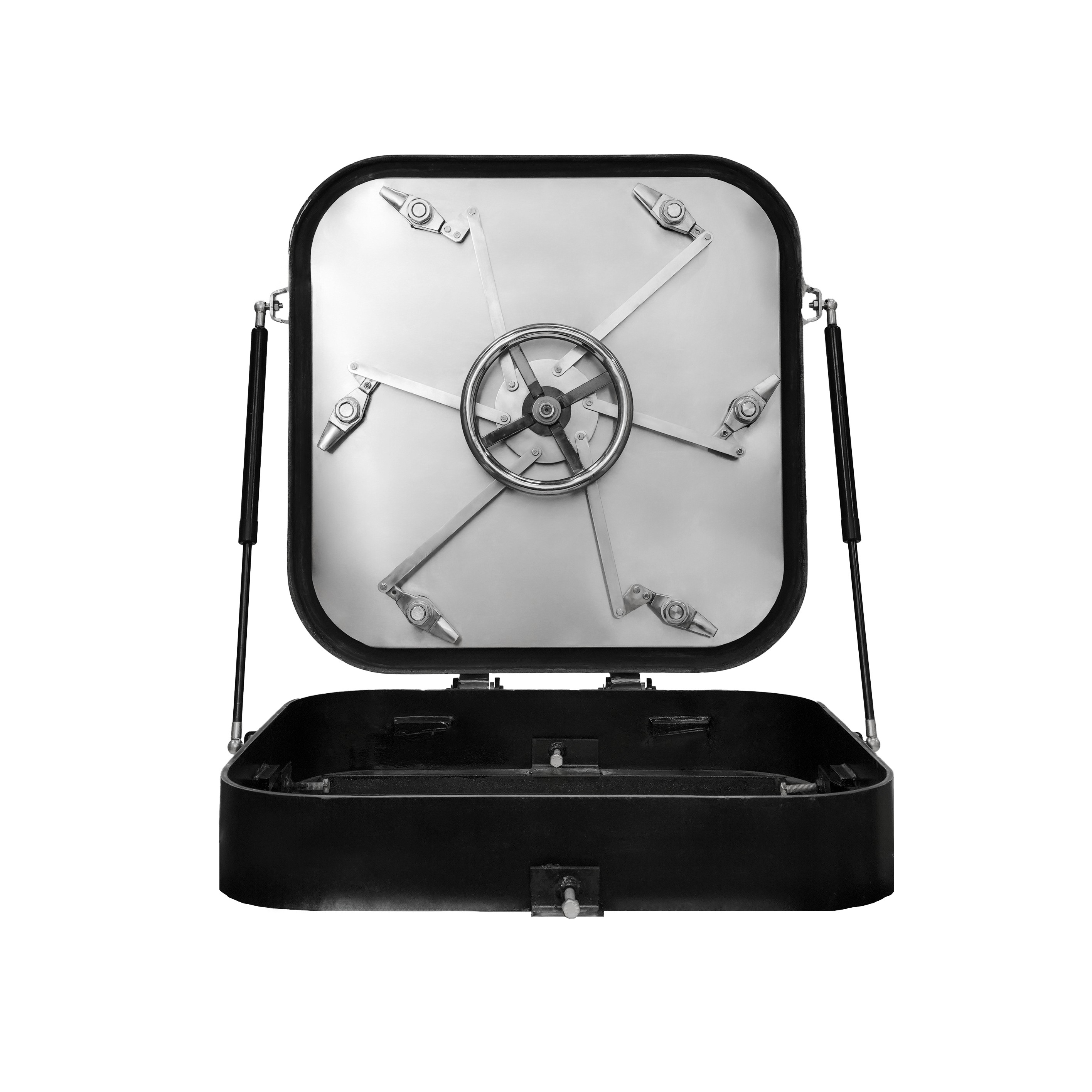 Heavy-duty marine hatch with wheel-operated locking system and gas-spring supports, designed for watertight access on ships and offshore vessels.