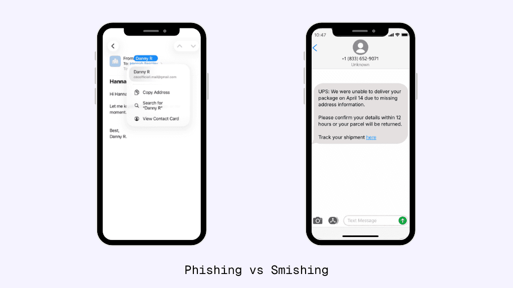 example of a phishing email and smishing SMS on iphones